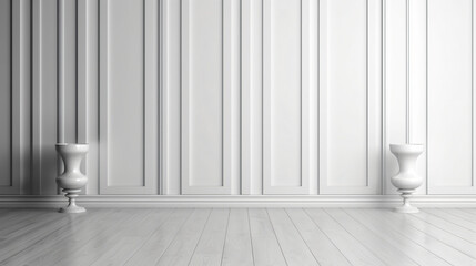 Fototapeta na wymiar modern minimalist interior with a big empty white wall with beautiful chiaroscuro and white wood paneling 