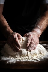 Fototapeta premium A baker kneads dough on a flour-dusted wooden table, hands covered in flour.