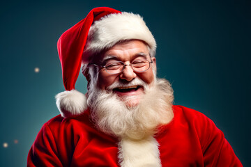 Naklejka premium Man in santa suit with glasses and beard smiling at the camera.