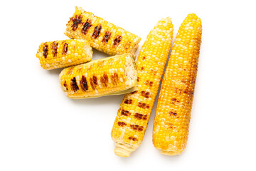 Tasty grilled corn cobs on white background