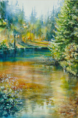 My original watercolors painting. Summer  forest in background and reflections in colorful water. - 646974643