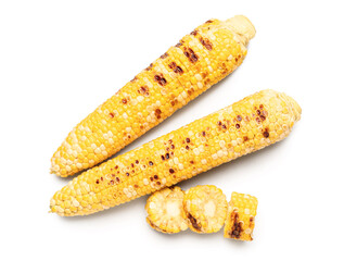 Tasty grilled corn cobs on white background