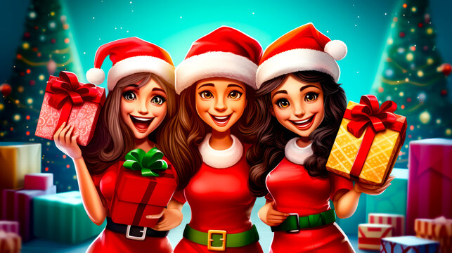 Group of women in santa hats holding box of presents and smiling.