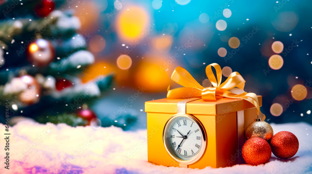 Poster orange box with clock on it sitting in the snow with christmas tree in the background.