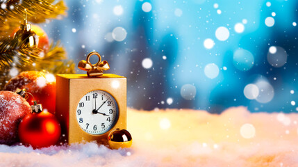 Fototapeta na wymiar Clock sitting on top of pile of snow next to christmas tree.