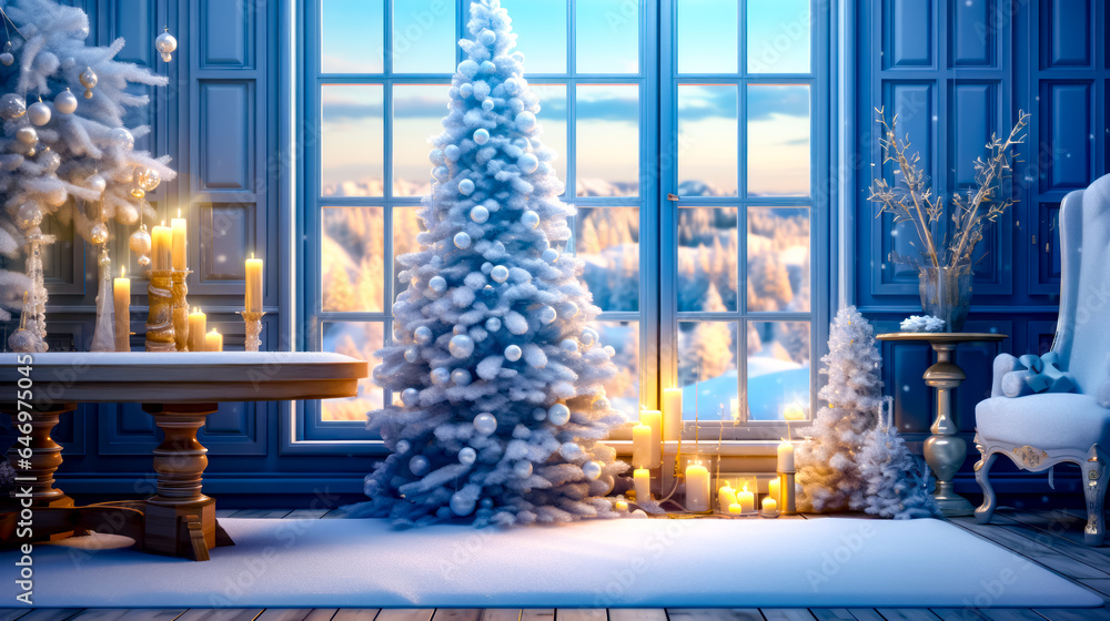 Poster christmas tree in front of window with view of snowy landscape.