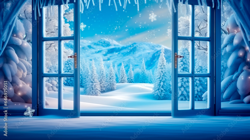 Aufkleber open window overlooking snowy landscape with trees and snowflakes on the window sill.