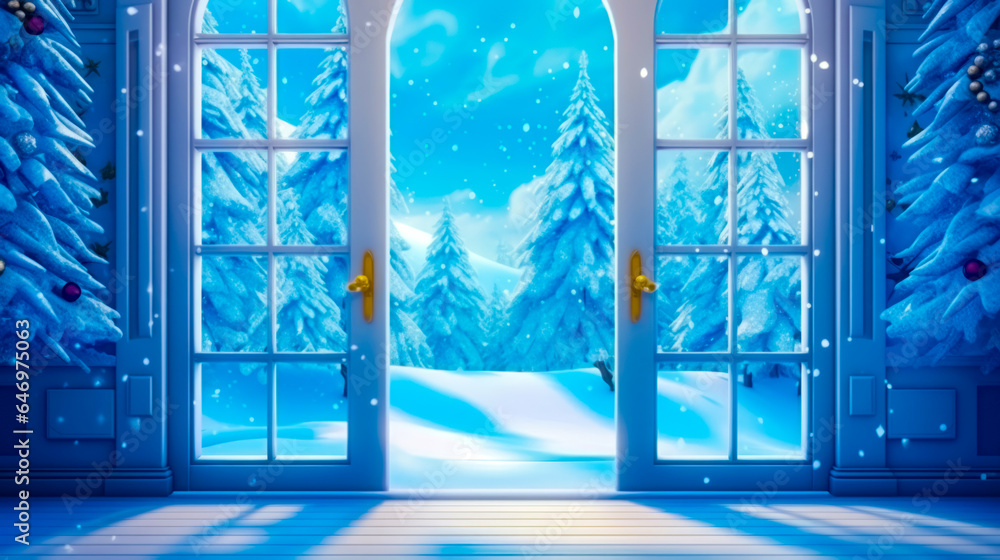 Poster open window with view of snowy landscape and snowy forest.
