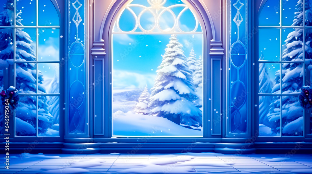 Poster winter scene with snow covered tree and window with view of snowy landscape.