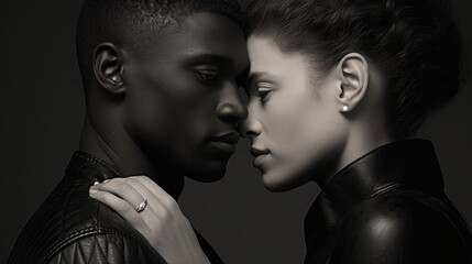 Portrait of a couple in love of different nationalities and skin colors. Black and white aesthetics