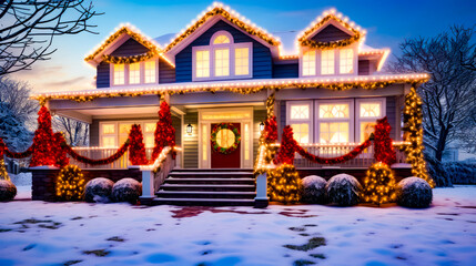 House decorated for christmas with christmas lights and garlands on the front of it.