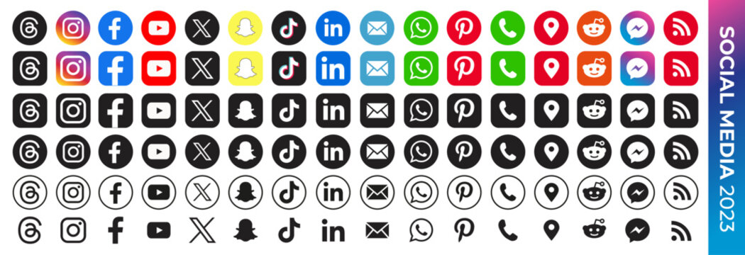 Social media icons 2023 : Instagram, snapchat ,x ,facebook, tiktok,...
