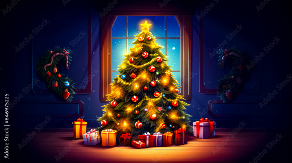 Poster christmas tree with presents in front of window with star on it.