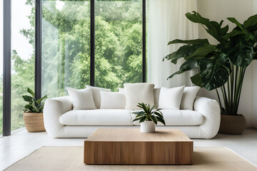 Interior of a modern bright living room with large white sofa, coffee table and green plants creating a cozy atmosphere for relaxation