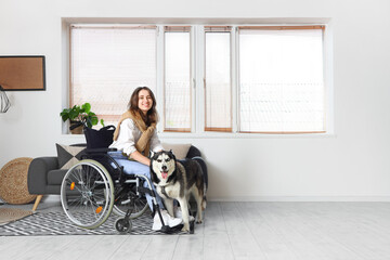 Young woman in wheelchair and with husky dog at home
