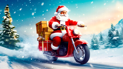 Santa clause riding motorcycle with box on the back of it.