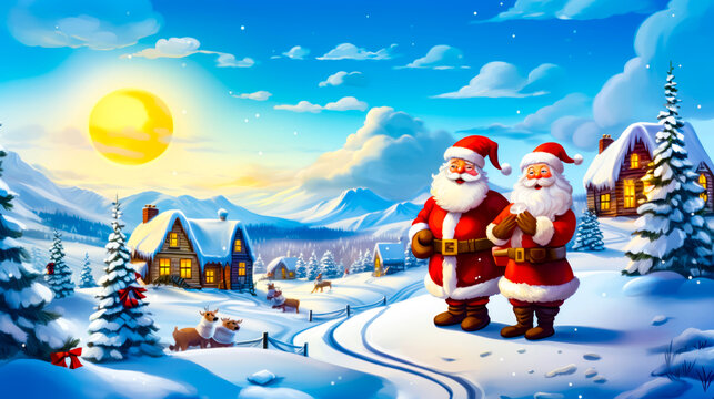 Painting of santa claus and his reindeers in snowy landscape with full moon.