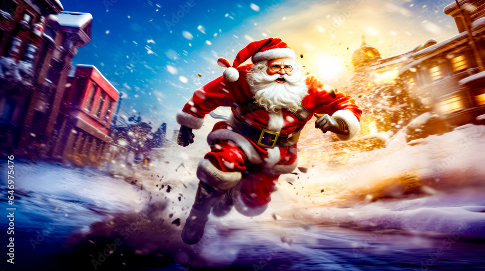Poster man dressed as santa claus running through the snow with christmas tree in the background.