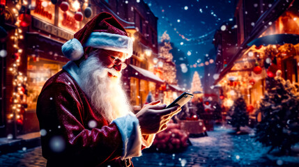 Fototapeta na wymiar Man dressed as santa claus looking at his cell phone in the snow.