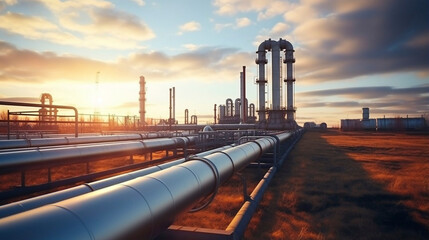 high quality photo, Large oil pipeline and gas pipeline in the process of oil refining and the movement of oil and gas. Production facility. Oil and gas pipelines. - obrazy, fototapety, plakaty