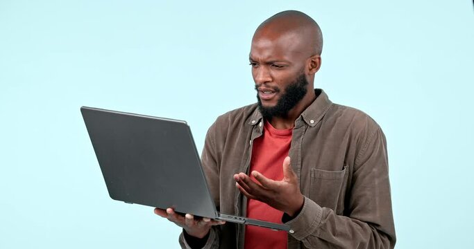Laptop, black man and confused in studio for job in digital marketing, web design or creative search with internet. Computer, face and person for tech support, networking and research for work