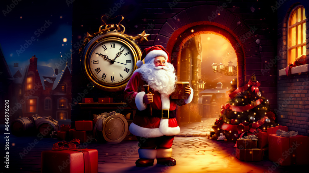 Poster santa clause standing in front of christmas tree with clock in the background.