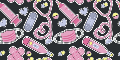 pink cartoon medicine elements seamless background pattern