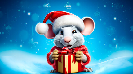 Mouse in santa hat holding gift box with red bow.
