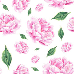Watercolor seamless pattern peony, rose hand-drawn in botanical style for use in textile, wedding packaging, holiday and nature design invitation. Daisy flower for decorating cards, wallpaper, fabric 