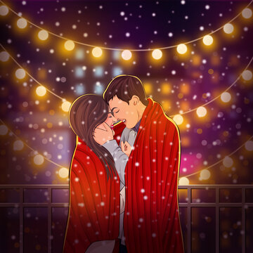 Beautiful Couple standing in Snowfall, Couple Vector Art, vector art and illustration