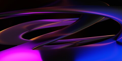 Liquid metal lines in motion dark background. Modern abstract backdrop. Design element for banner, cover, wallpaper and background. Realistic 3D rendering.