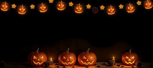 banner halloween jack o lantern pumpkin on table copy space