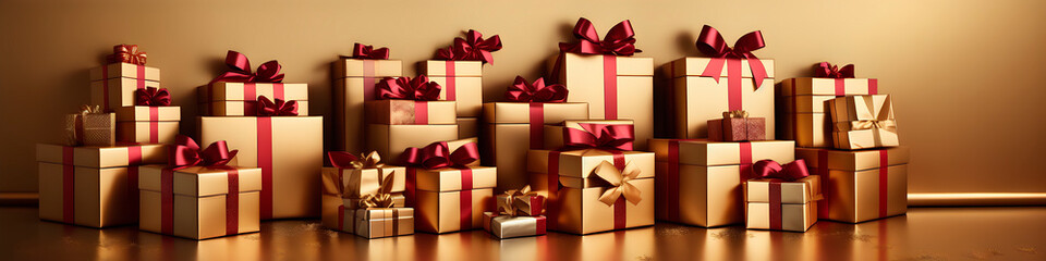Obraz premium Group of luxurious golden gift boxes created from generative AI