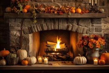 Warm Fireplace with Cozy Thanksgiving Decor - obrazy, fototapety, plakaty