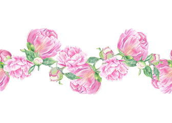 Obraz na płótnie Canvas Watercolor seamless border peony, rose hand drawn in botanical style for use in textile, wedding packaging, holiday and nature design invitation. Daisy flower for decorating cards, wallpaper, fabric