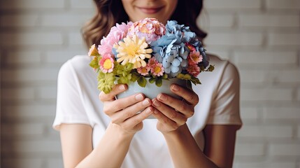 Hands Holding Paper Head Human Brain with Flowers