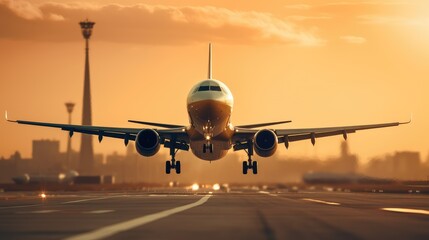 A large passenger jet takes off down an airport runway at sunset - obrazy, fototapety, plakaty