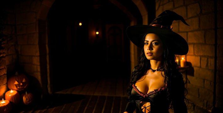 Sexy Latina model dressed as a witch in a Halloween-themed location