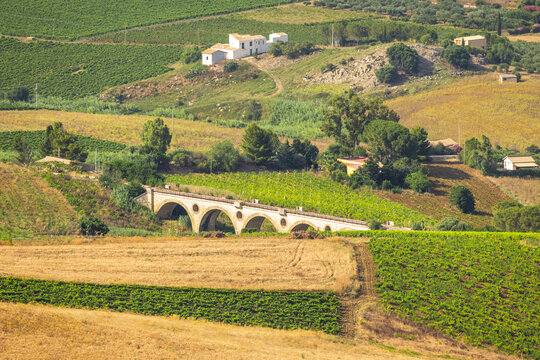 Sicily, view of landscape with an old stone bridge, northwest of the island near ancient city of Segesta, Italy, Europe.