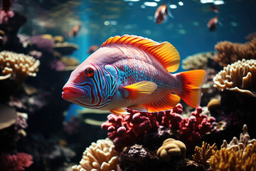 Naklejka na ściany i meble Tropical sea underwater fishes on coral reef. Aquarium oceanarium wildlife colorful marine panorama landscape nature snorkeling diving 