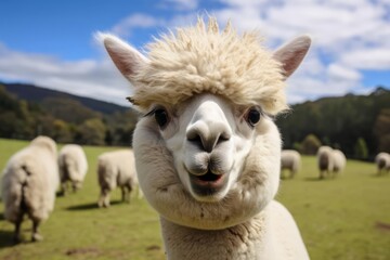 A close-up shot of a fluffy alpaca's funny face