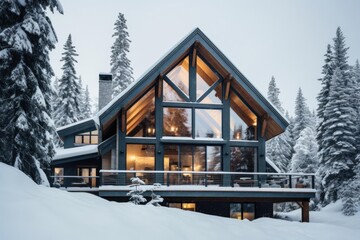 A cozy mountain modern chalet covered in snow