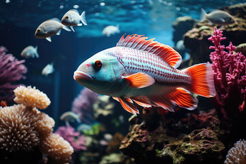 Fototapeta na wymiar Tropical sea underwater fishes on coral reef. Aquarium oceanarium wildlife colorful marine panorama landscape nature snorkeling diving 