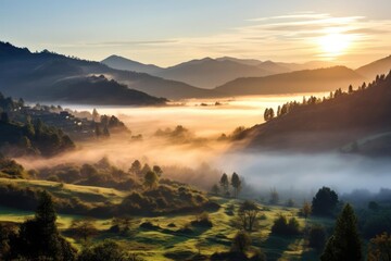 A peaceful sunrise over a mist-covered valley