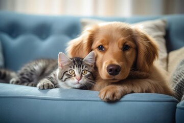 A playful dog and cat cuddling together on a cozy couch - Powered by Adobe