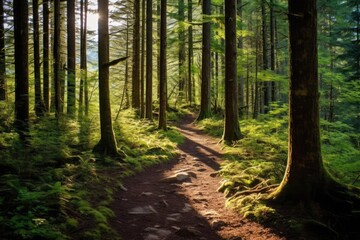 A serene mountain trail winding through a forest of tall trees - obrazy, fototapety, plakaty