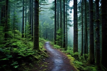 A serene mountain trail winding through a forest of tall trees
