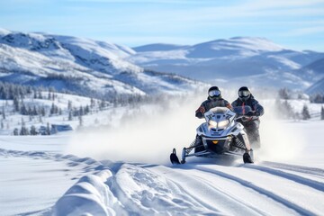 Fototapeta na wymiar a snowmobiling adventure speeding through a snowy mountain landscape