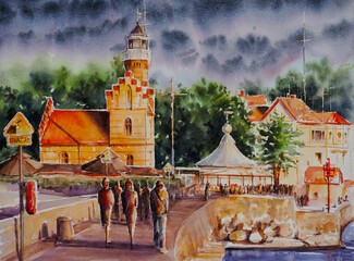Promenade along the beach with the walking vacationing people in Ustka, Poland. In background old lighthouse. Picture created with watercolors. - 646978053