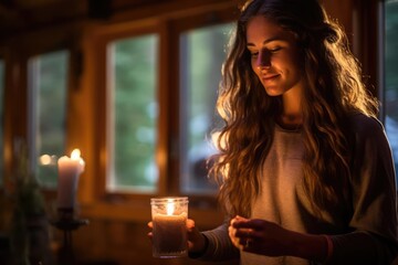 A solo traveler lighting a candle in a serene mountain cabin